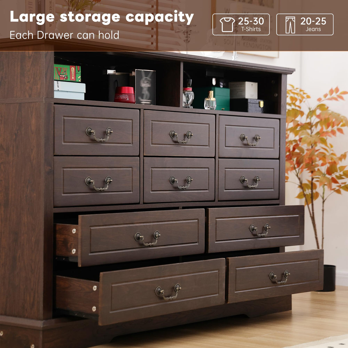 EnHomee Farmhouse Dresser for Bedroom 55.2''Wide Wood Dresser with LED & Power Outlet Vintage 10 Drawers Dressers & Chests of Drawers Long Dresser TV Stand, Closet, Entryway, Rustic Brown EnHomee