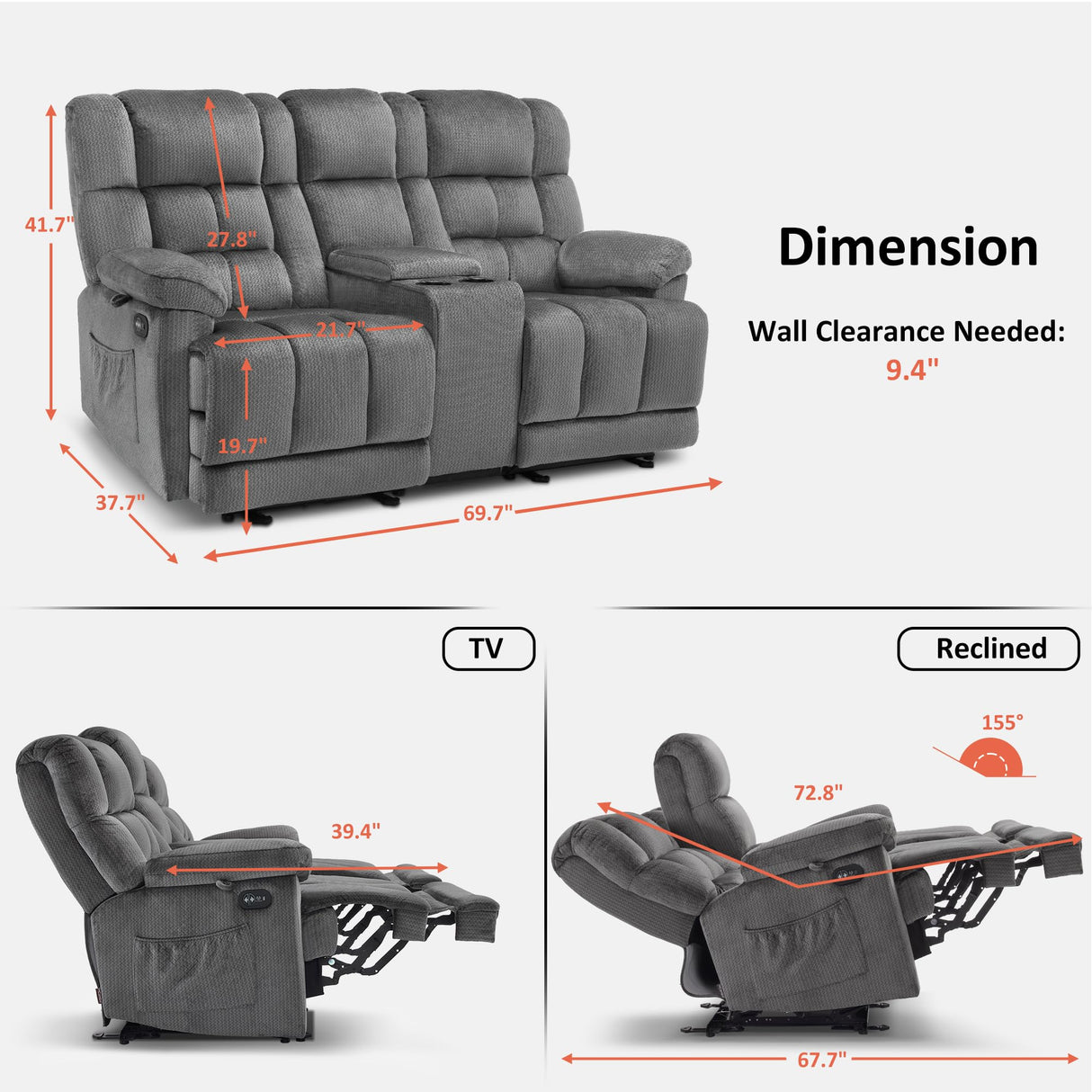 MCombo Zero Gravity Power Loveseat Recliner with Console, Heat and Vibration Massage, Reclining Loveseat Sofa with USB Ports, Cup Holders for Living Room, Fabric RS6234 (Grey) MCombo