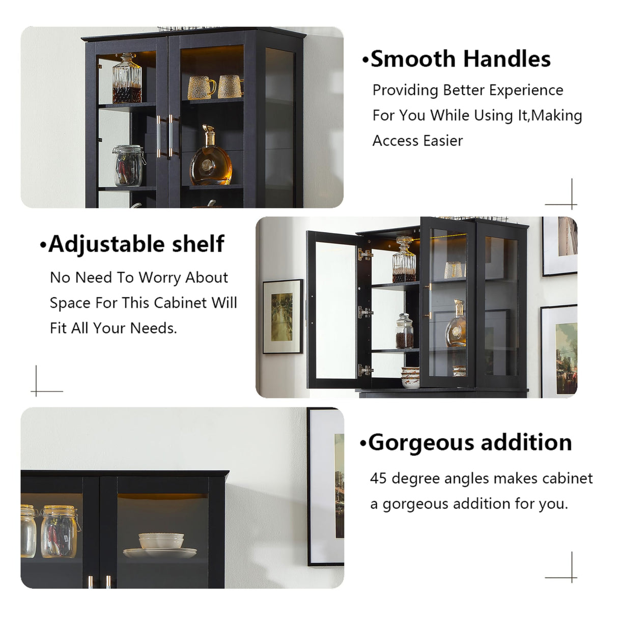 FOREST GRAVITY 71''Tall Pantry Cabinet,Kitchen Pantry,LED Lighting Display Cabinet,a Drawer,3 Adjustable Shelves,Pantry for Dining Room and Kitchen 3 Side Panels of Glass for Better Showcase,Black FOREST GRAVITY