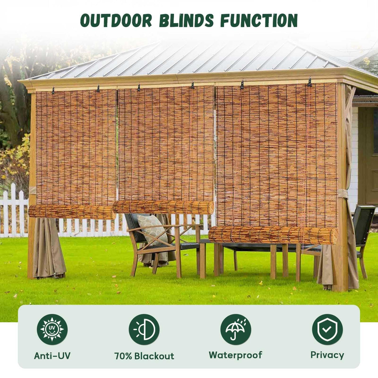 Outdoor Bamboo Roller Shades Blinds for Patio Waterproof Privacy Bamboo Roll Up Shade 70% Blackout Bamboo Blinds for Garden Porch Anti-UV Custom 20 26 38 46 62 70 72 79" Easy to Install Bamboo Curtain WQbhryllya