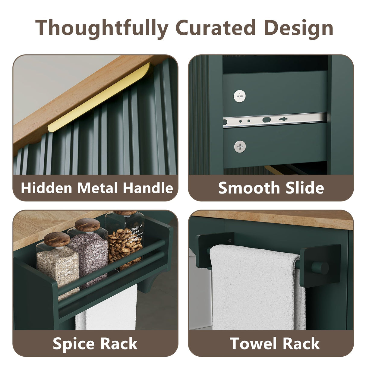 win2win Rolling Kitchen Island with Storage, Portable Kitchen Island with Drop Leaf Breakfast Bar, Modern Farmhouse Kitchen Cart on Wheels with Fluted Design, Towel Rack, Spice Rack, Olive Green win2win