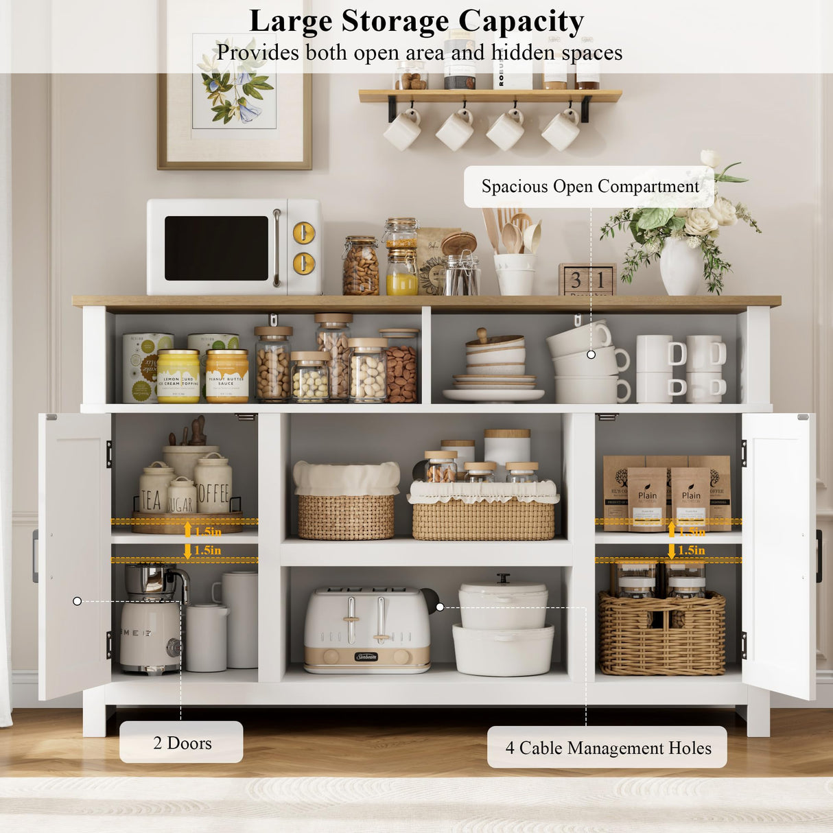 HOSTACK 55'' Sideboard Buffet Cabinet with Storage, Barn Doors Coffee Bar Station, Wood Kitchen Storage Cabinet with Shelves, Modern Farmhouse Console Table for Dining Room, Living Room, White HOSTACK