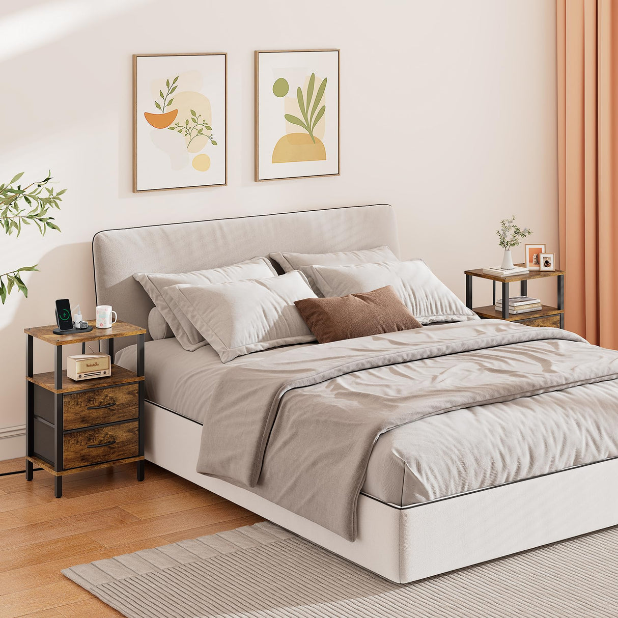 TUTOTAK End Table with Charging Station, Side Table with 2 USB Ports and Outlets, Nightstand with Cloth Drawer, Set of 2, Couch Table, Brown TB01BB067 TUTOTAK