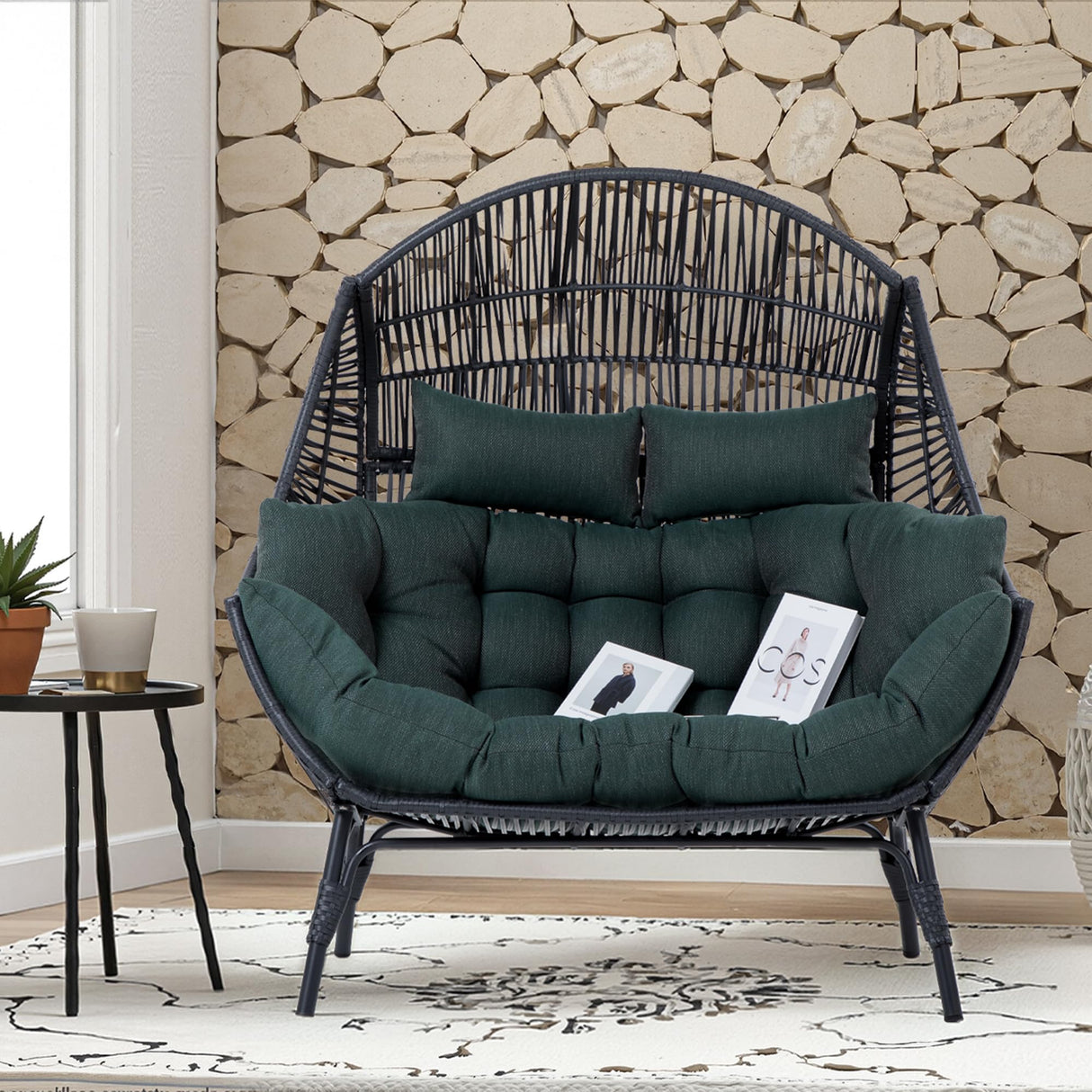 IRONCK Double Egg Chair Outdoor, 2 Person Wicker Lounge Chair, Oversized Thickened Padded Cushions and Headrests, 680 Lbs Egg Loveseat for Indoor, Patio, Living Room, Porch, Balcony, Dark Green IRONCK