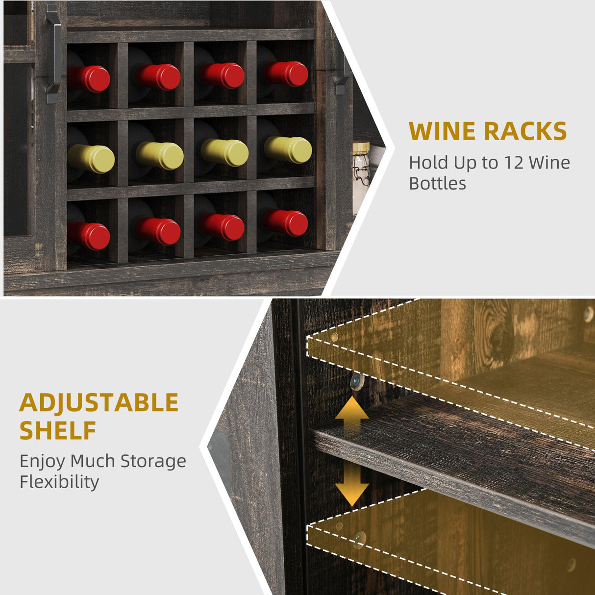 YITAHOME 53" Wine Bar Cabinet for Liquor and Glasses, Farmhouse Kitchen Sideboard Buffet Coffee Bar Cabinets with 3 Drawers and Glass Sliding Barn Door for Kitchen & Living Room, Dark Rustic Oak YITAHOME