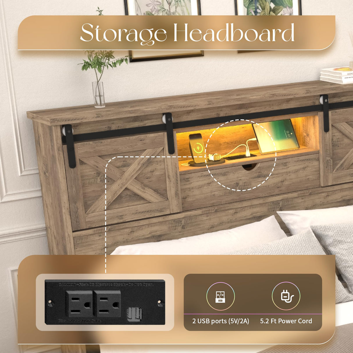 HMYFGD Farmhouse Queen Size Bed Frame with Storage Bookcase Headboard, Wooden Bed with LED Lights, Charging Station, 2 Drawers, Rustic Bed Frame with Sliding Barn Door for Bedroom (Grey Oak, Queen) HMYFGD