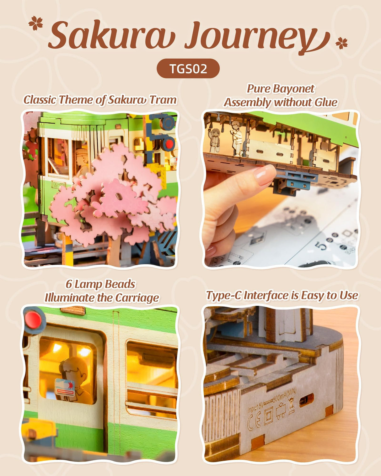 Rolife 3D Wooden Puzzle for Adults, Sakura Journey Tram DIY Model Building Kits with LED Lights, Creative Kids Craft Hobby Gift and Brain Teaser Home Decor Assembly Toy Rolife