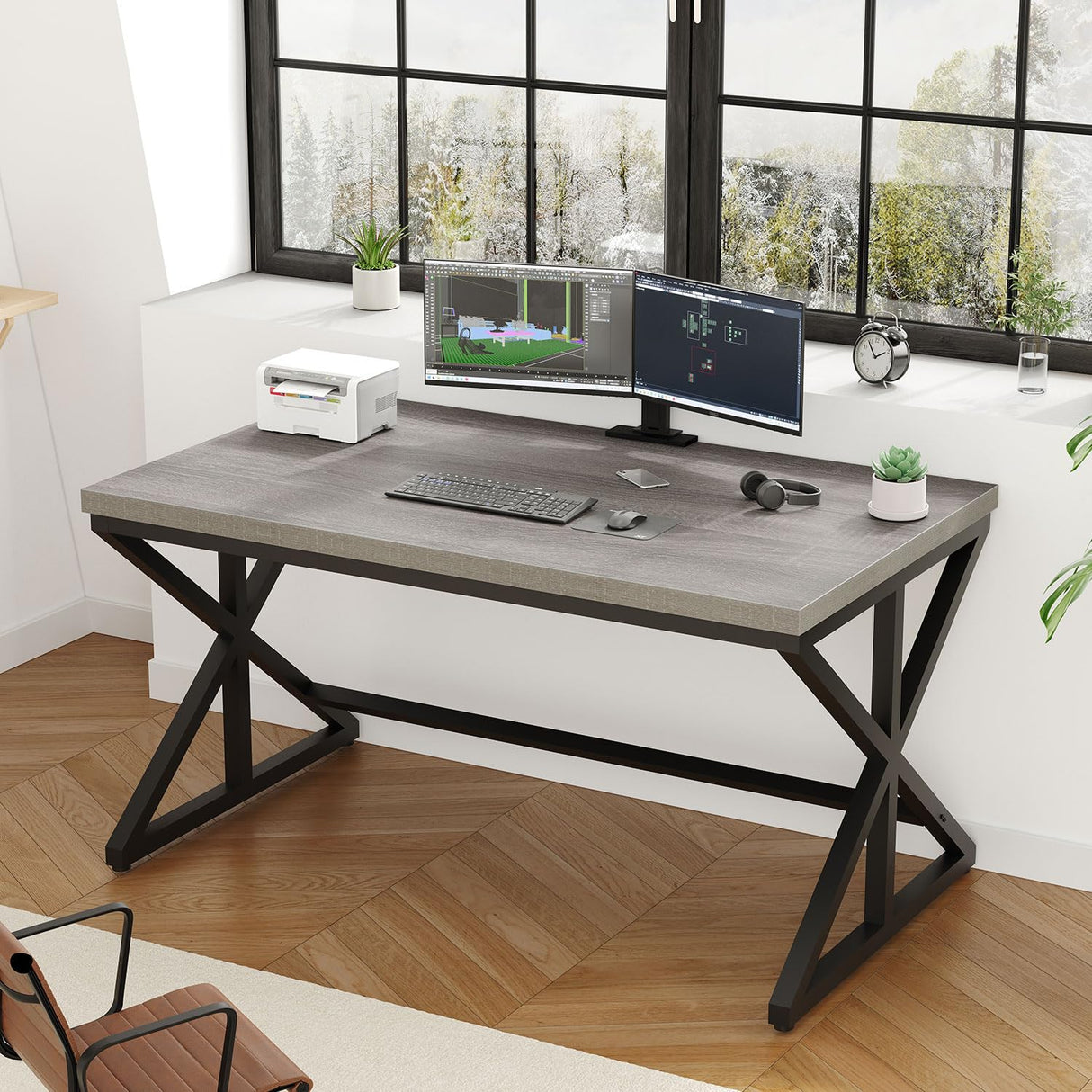 IBF Computer Desk, Industrial PC Laptop Office Desk, Farmhouse Gaming Desk with Spacious Desktop, Rustic Wood Metal Writing Study Work Table for Home Office Bedroom, 47 Inch, Grey Oak IBF