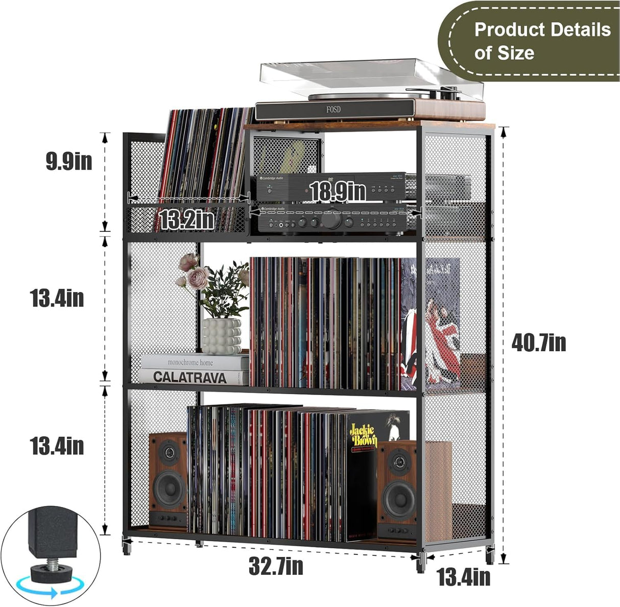 Huxitocan 4 Tier Large Record Player Stand, Holds Up to 380-450 Albums Turntable Stand with 4 Adjustable Divider Vinyl Record Cabinet Turntable Stand for Albums DVD Shelf Books Magazines Files Huxitocan