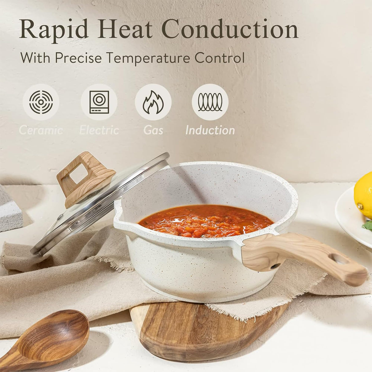 CAROTE 1.5Qt & 3.0Qt Sauce Pan Set with Lid Nonstick Saucepan 4 Pcs Non Stick Sauce Pots Cooking Pot with Pour Spout, Easy to Clean, Small Kitchen Pots Induction Pot, PFOA FREE (White Granite) CAROTE