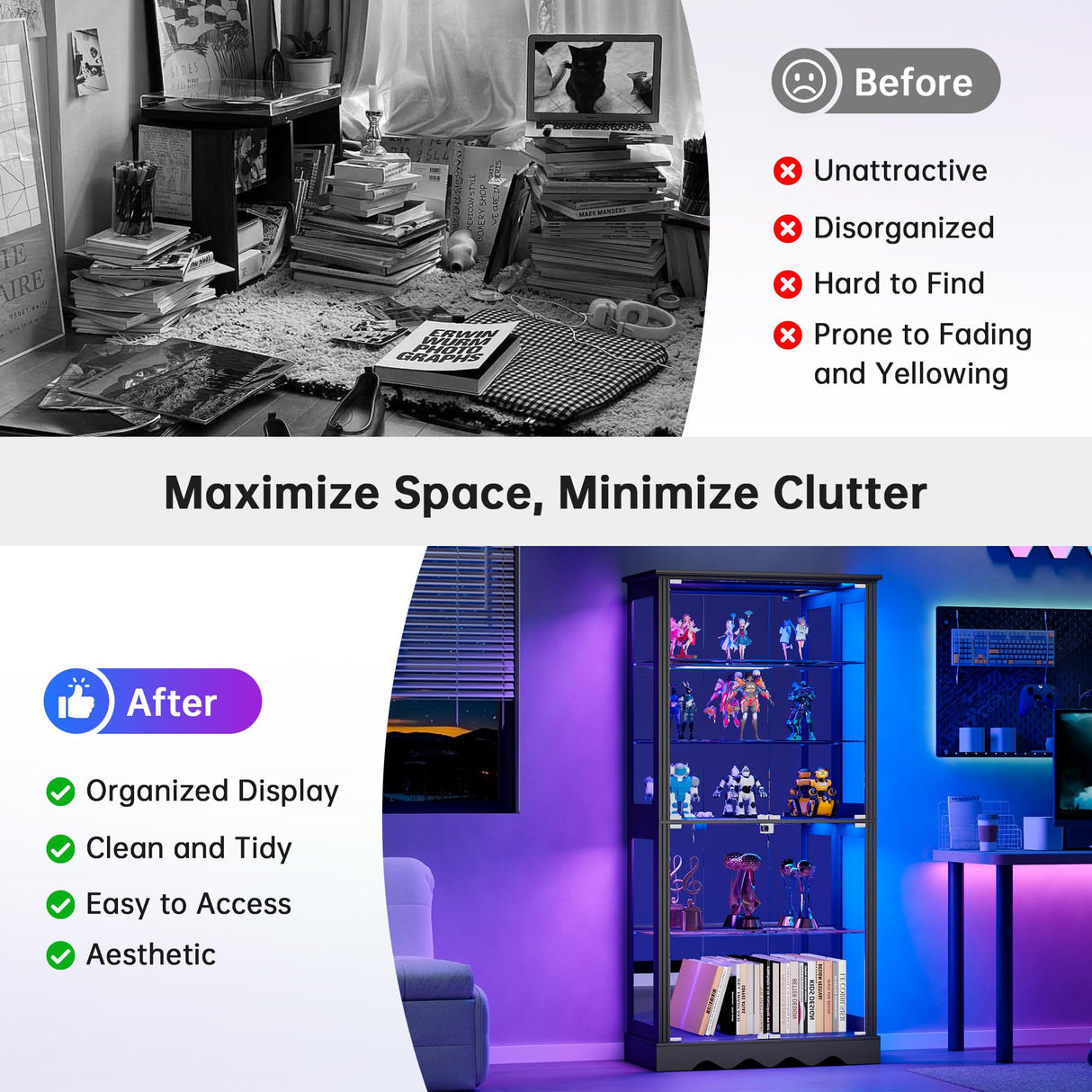 Dystler Display Cabinet with Glass Doors, 71'' Tall Curio Cabinet with RGB Lights for Collectibles, LED Display Case with Removable Shelf for Book/Medal/Figure, Black Dystler