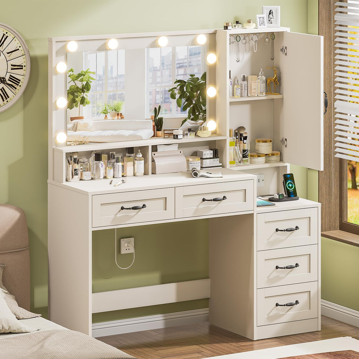 DINGIPP Farmhouse Vanity Desk with Mirror and 10 Led Lights, 45.3" Large Makeup Vanity Table with Power Outlet, 5 Drawers and 1 Cabinet, Vanity Set Dressing Table with 9 Hooks for Women Girls (White) DINGIPP