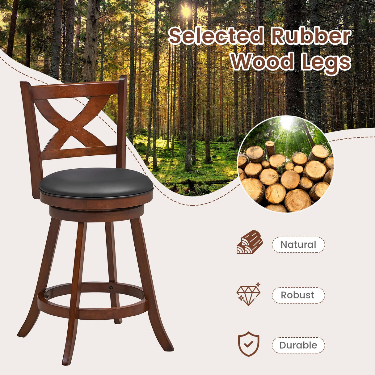 Giantex 24” Bar Stools Set of 4, 360° Swivel Counter Height Stools with Back, Solid Rubber Wood Frame, Leather Padded Seat, Vintage Upholstered Armless Farmhouse Barstools for Kitchen Island Home Bar Giantex