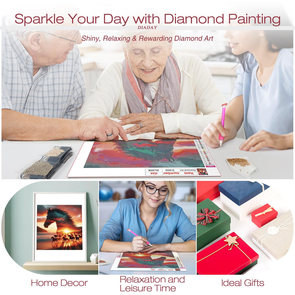 DIADAY Horse Diamond Art Kits for Adults 5D Full Drill Round Gem, Diamond Painting Kits for Beginners, DIY Dots Home Wall Decor Gift 12 x 12 Inches DIADAY
