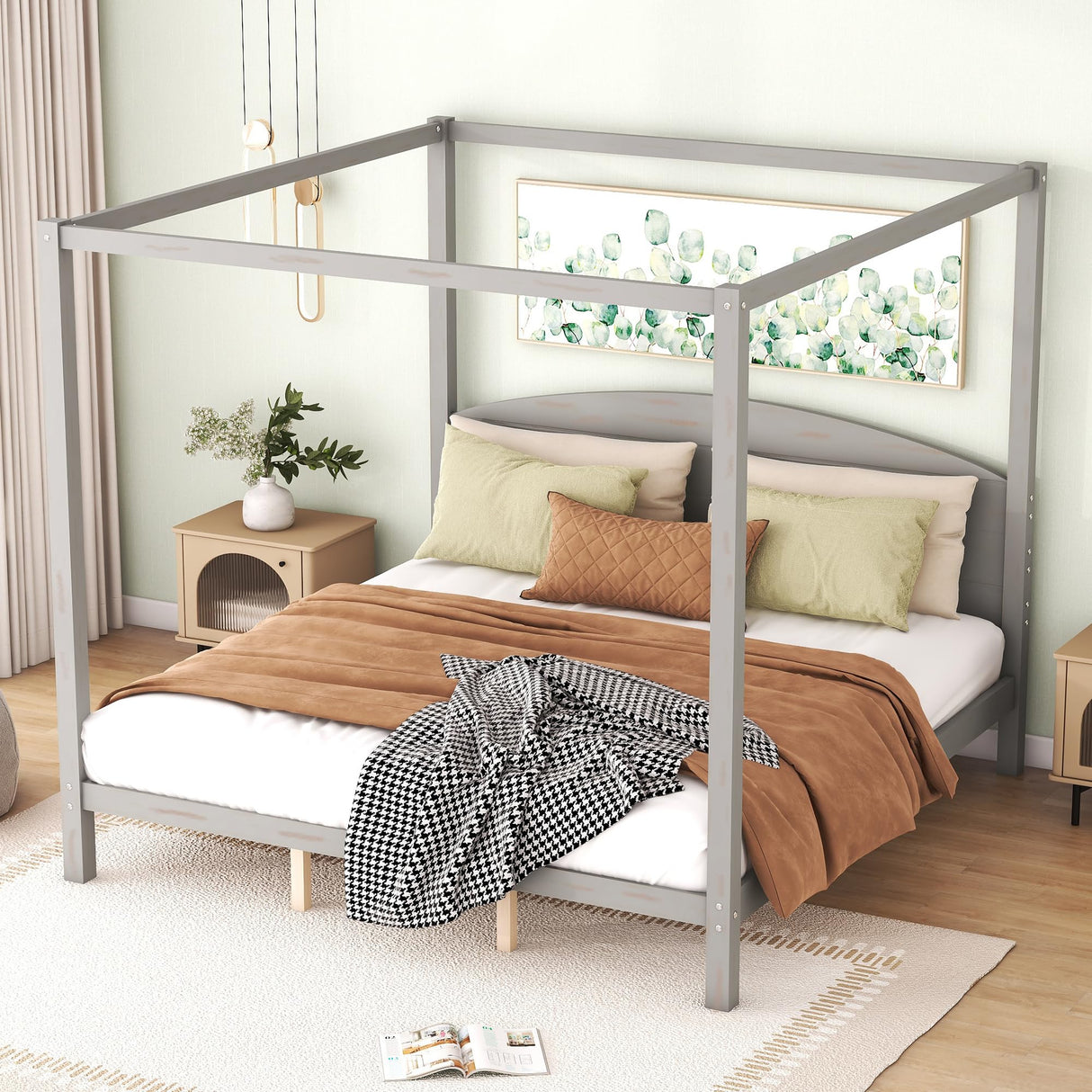 Favfurish King Size Grey Wash Canopy Platform Bed with Headboard and Support Legs Favfurish