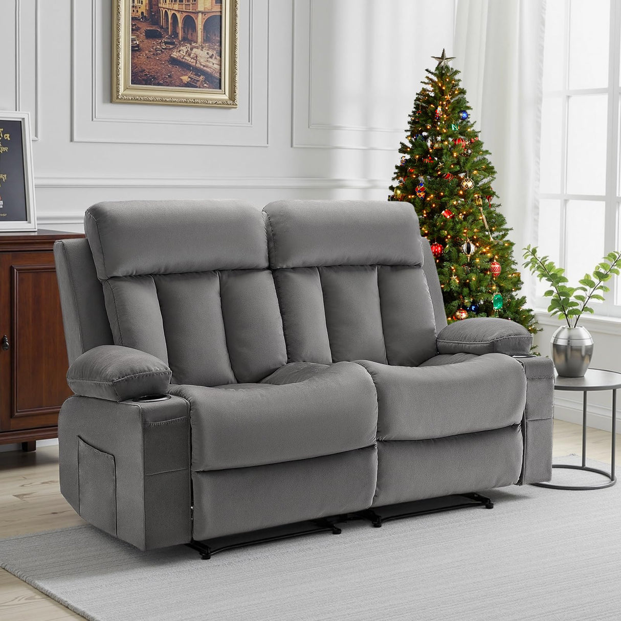 VEVOR Loveseat Recliner Sofa, Power Reclining Couch with Heating and Massage, Soft Velvet Electric Recliner Sofa with USB Ports, Cup Holders and Side Bags, Dual Loveseat Chair for Living Room, Grey VEVOR