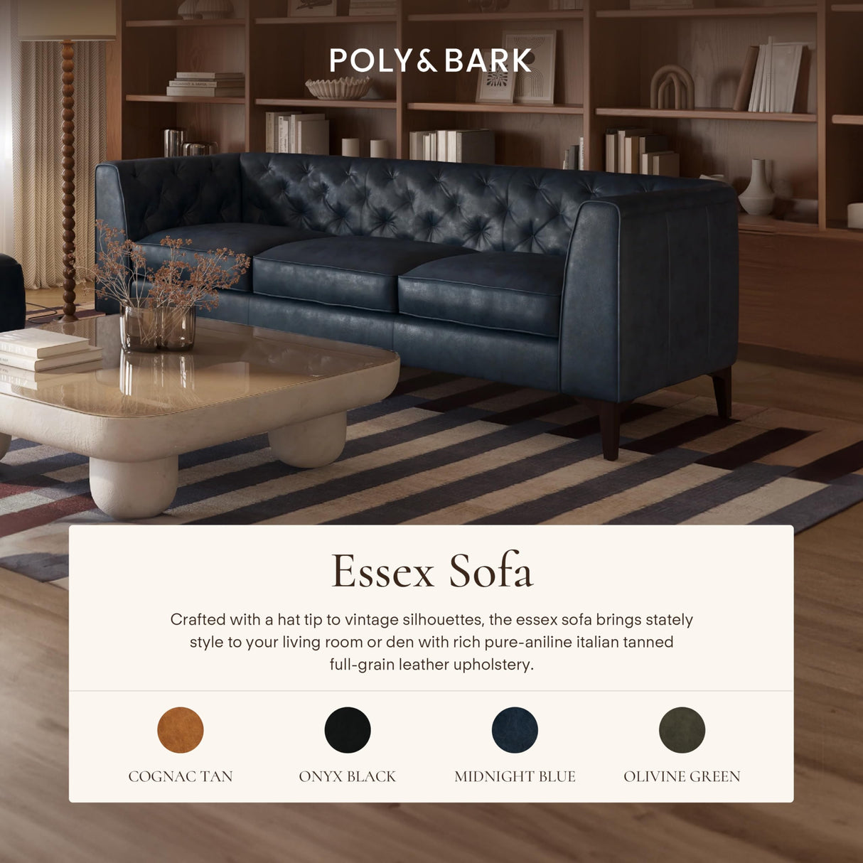 POLY & BARK Essex Leather Couch - 89-Inch Sofa with Tufted Back - Full-Grain Leather Sofa for Living Room with Feather-Down Topper - Living Room Couch - Vintage Italian Leather in Midnight Blue POLY & BARK