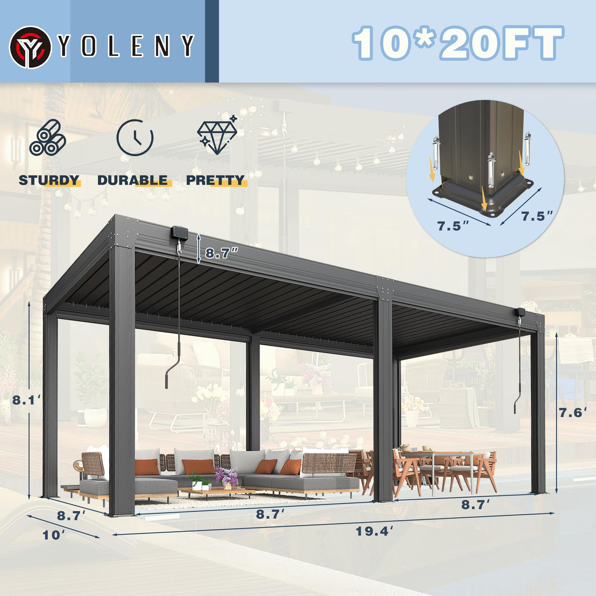 YOLENY 10x20ft Louvered Pergola, Outdoor Pergola with Adjustable Rainproof Roof, Aluminum Gazebo with 6 Panels Pull-Down Screen for Patio, Lawn, Garden, Backyard, Deck, Dark Gray YOLENY