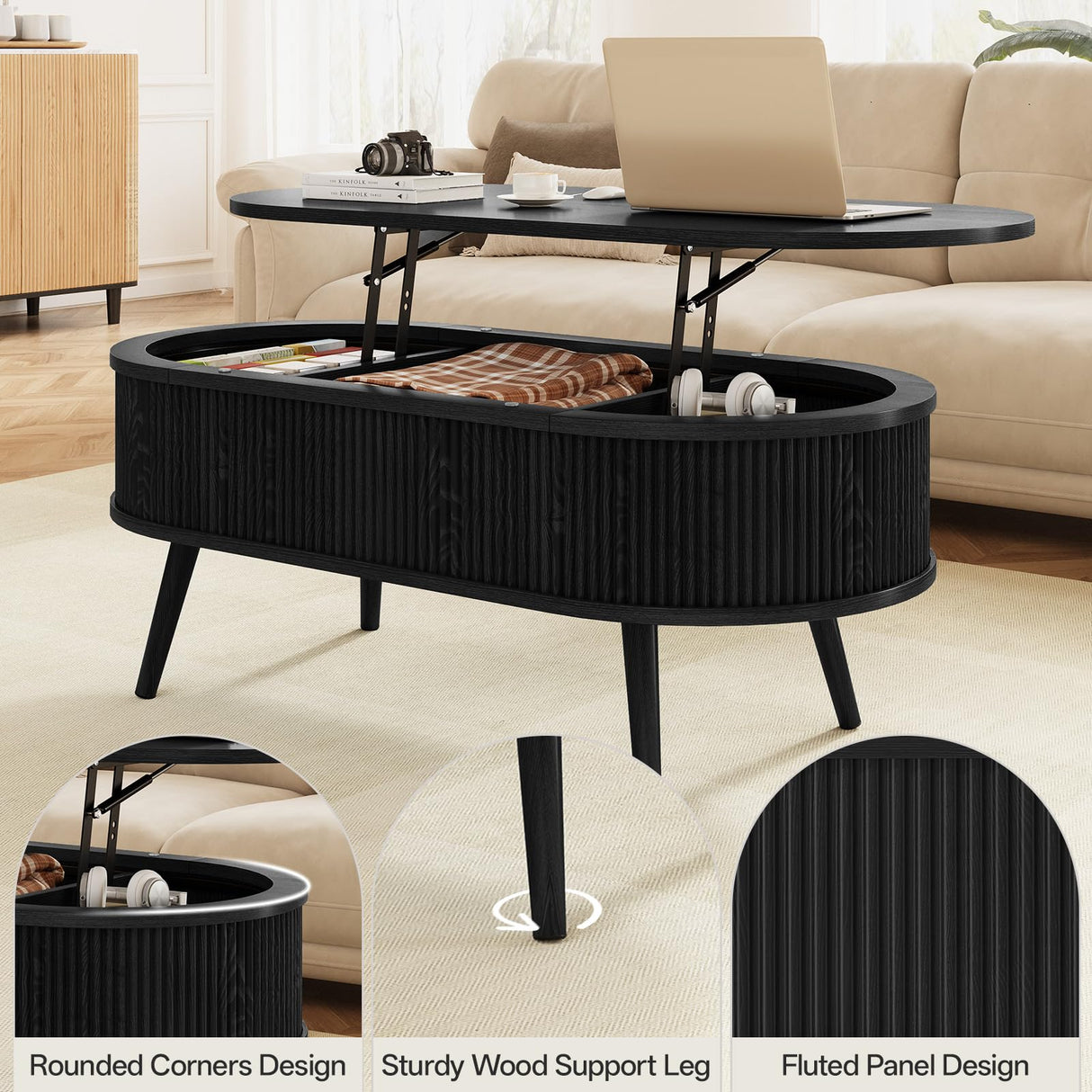 Oval Coffee Table with Storage, Fluted Coffee Table with Lift Top, Small Coffee Tables with Storage, Mid Century Modern Center Table for Living Room Home Office, 39.4", Black Onogefel