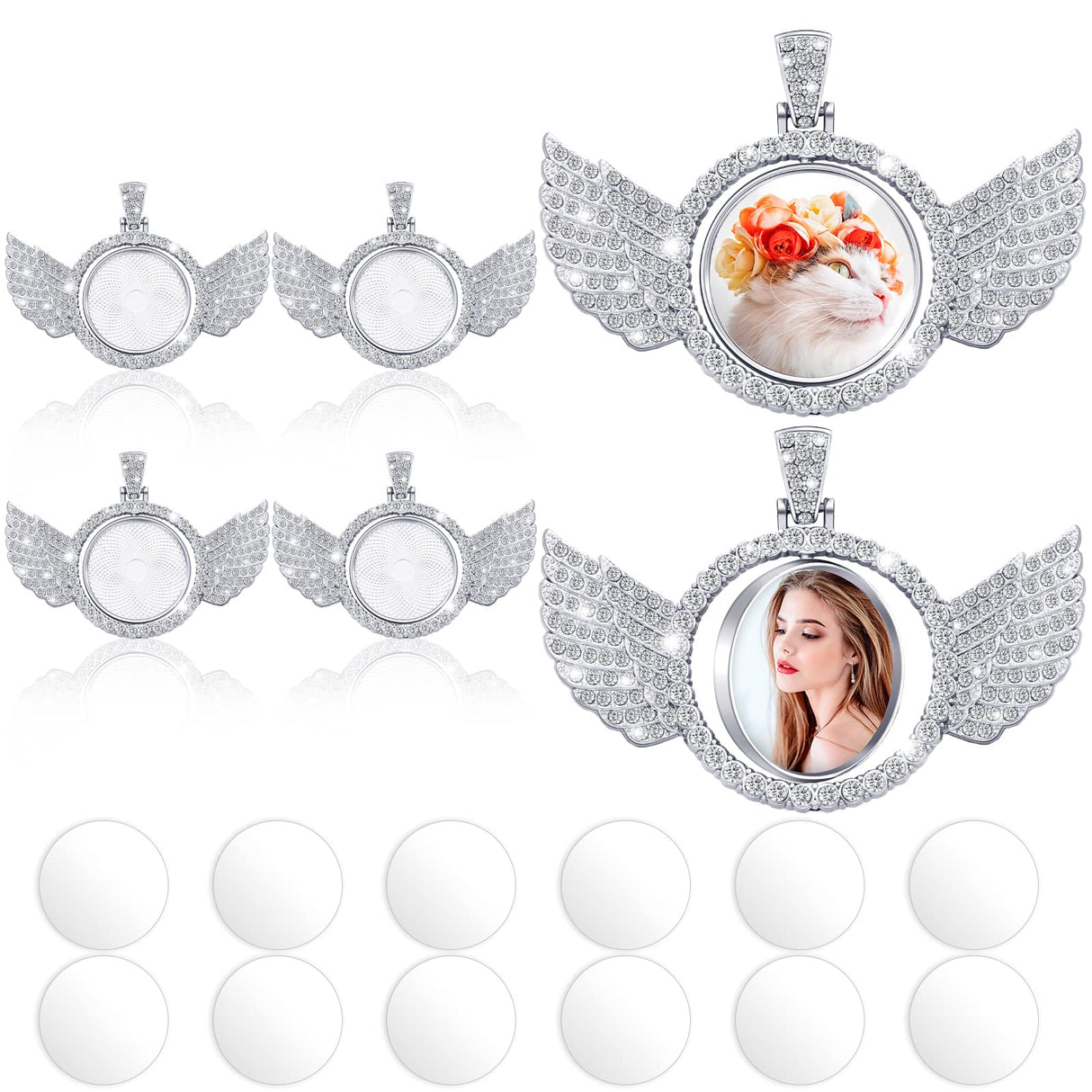 Junkin 18 Pieces Sublimation Rhinestone Wing Bezel Pendant Trays Set Including 6 Double Sided Rhinestone Trays Pendant Charms with 12 Sublimation Blank Discs for Jewelry Making (Silver) Junkin