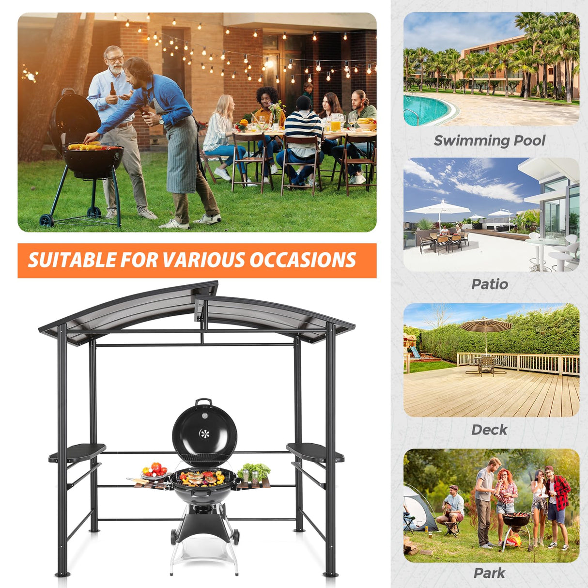 EAGLE PEAK 8x5 ft Grill Gazebo, Steel Frame Outdoor BBQ Cover, Double-Tier Polycarbonate Barbecue Canopy with Shelves EAGLE PEAK