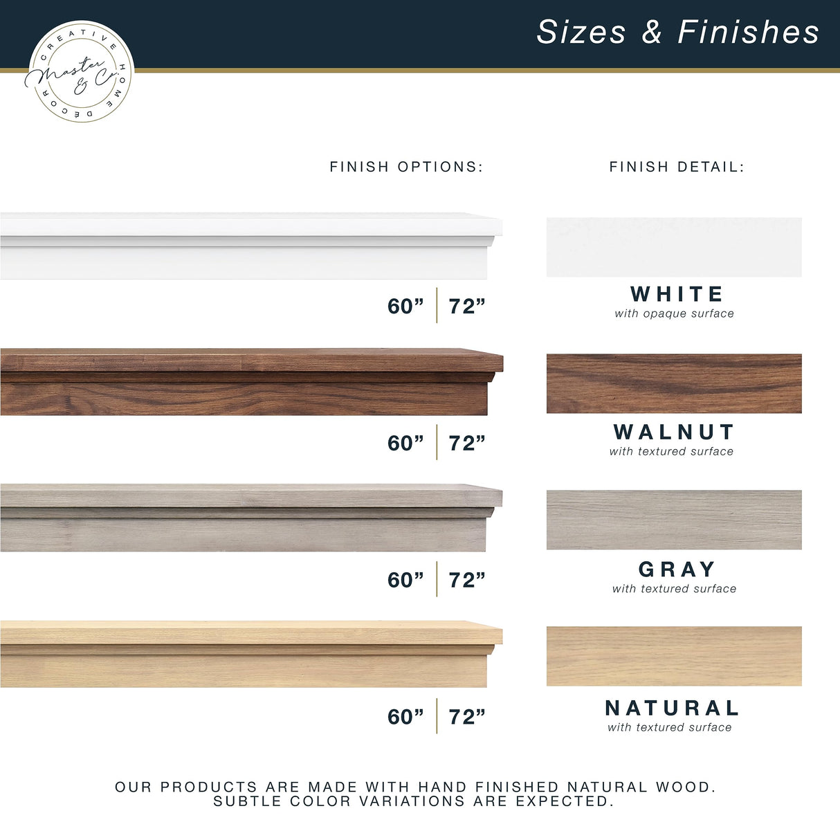 MCS 60-Inch Mantel, Master & Co Walnut Woodgrain Solid Wood Floating Fireplace Mantel, Long Floating Shelf for Livingroom with Wood Cleat Hanging System, Photo and Home Decor Display Shelf MCS