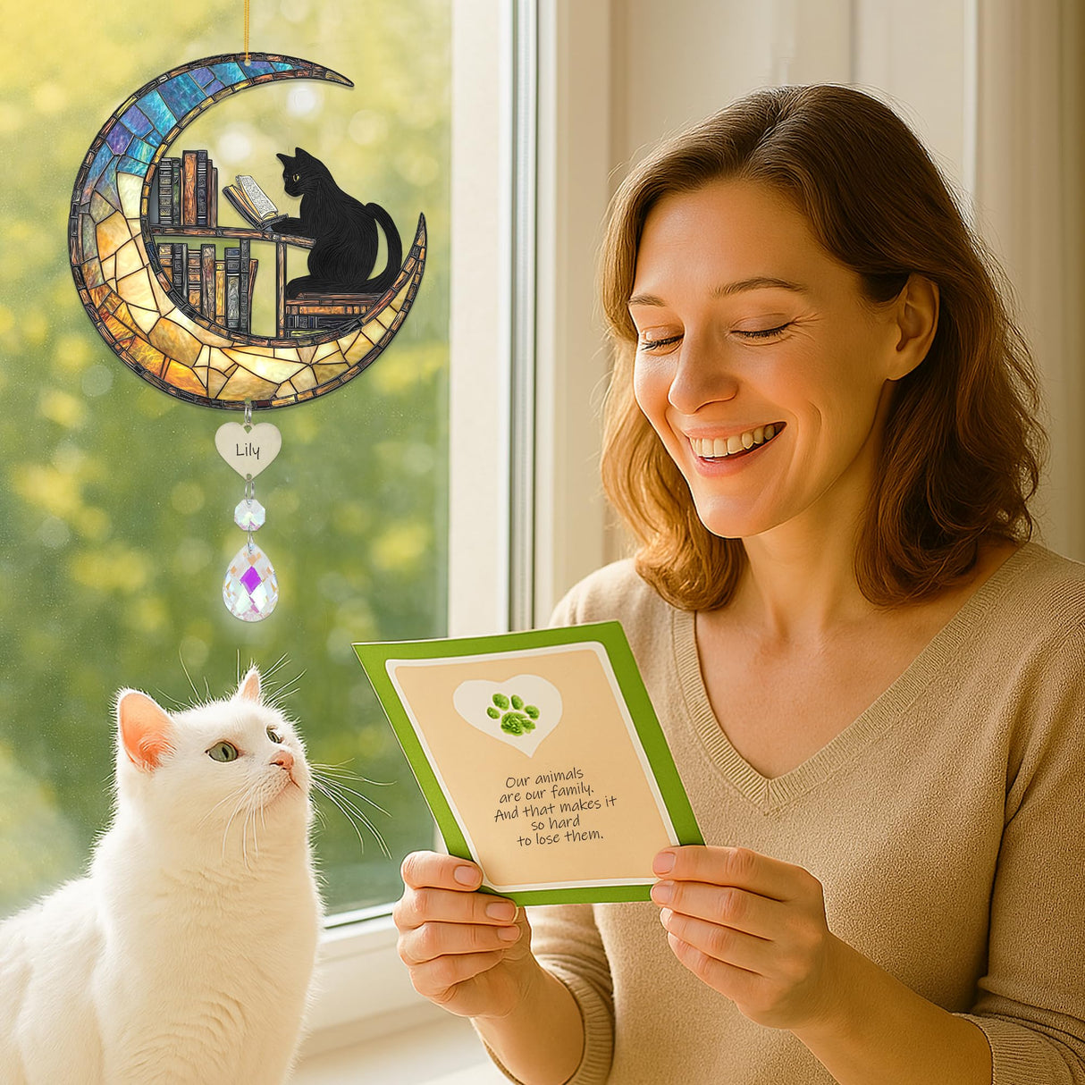 Black Cat and Bookshelf Suncatcher - Black Cat Reading a Book on The Moon Suncatcher, Bookworm Ornament with Crystal Suncatchers, Pet Memorial Gifts for Women, Gift for Book Lovers and Pet Owner. BOBI CARE