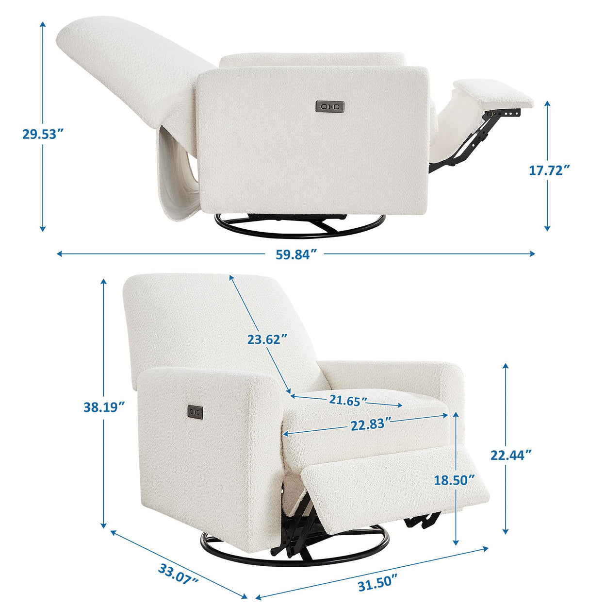VANOMi Power Swivel Glider Recliner Chair, Electric Nursery Rocker Recliner Chair, USB & Type-C Charger, Boucle White VANOMi