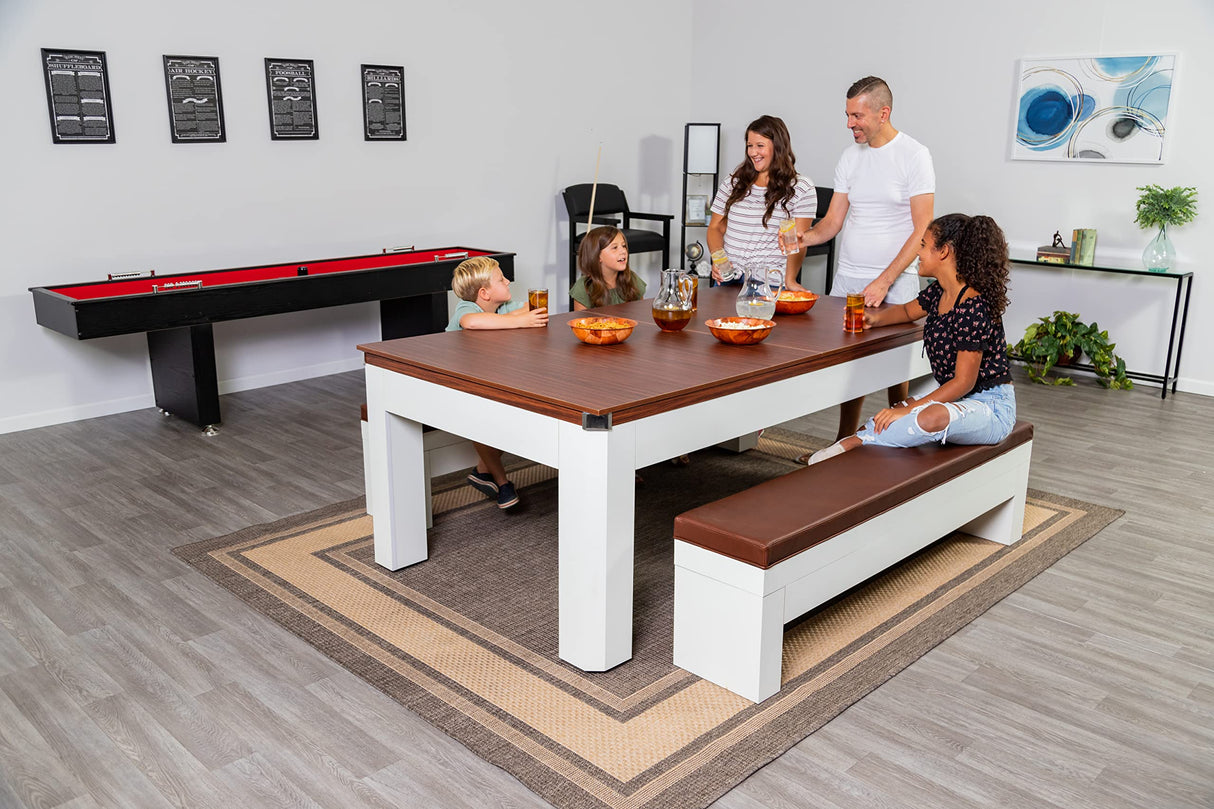 Hathaway Newport 7-ft Pool Table Tennis Combination with Dining Top, Two STO Newport II 7-ft Pool Table Combo Set with Benches - White with Camel Feltrage Benches with Accessories - Walnut Hathaway