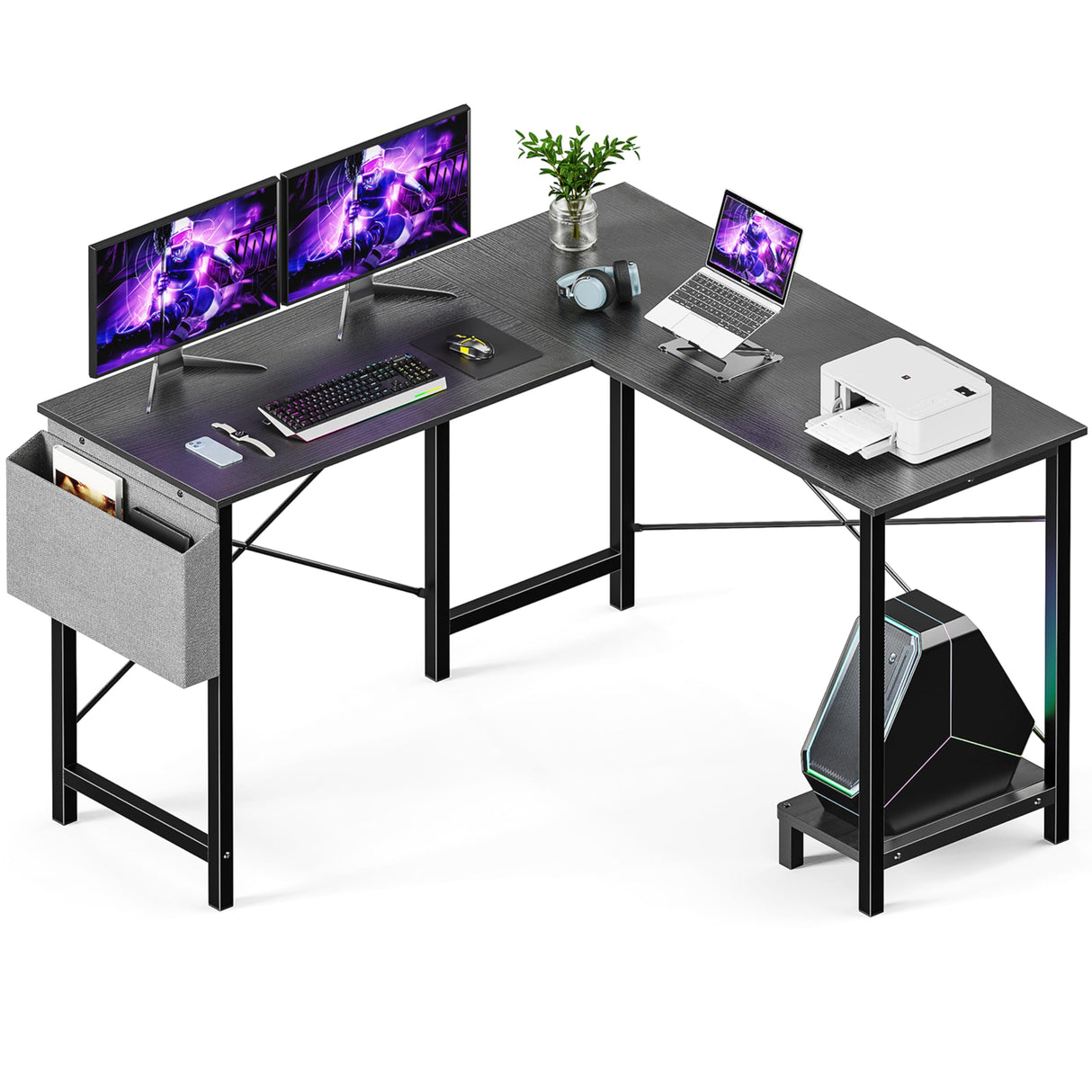 L Shaped Desk Gaming Computer 50 Inch Reversible Corner Table PC for Writing Study Student with Wood Tabletop Metal Frame CPU Stand Side Bag for Home Office Small Place, Black HealSmart