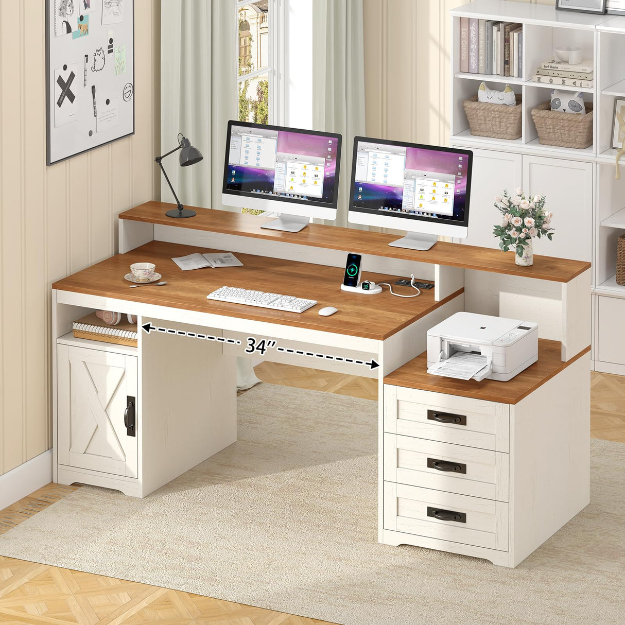 TVU Farmhouse Computer Desk with Drawers, 65'' Home Office Desk with Power Outlets, Storage Cabinet and Printer Stand, Study Writing Desks with Long Monitor Stand, White TVU