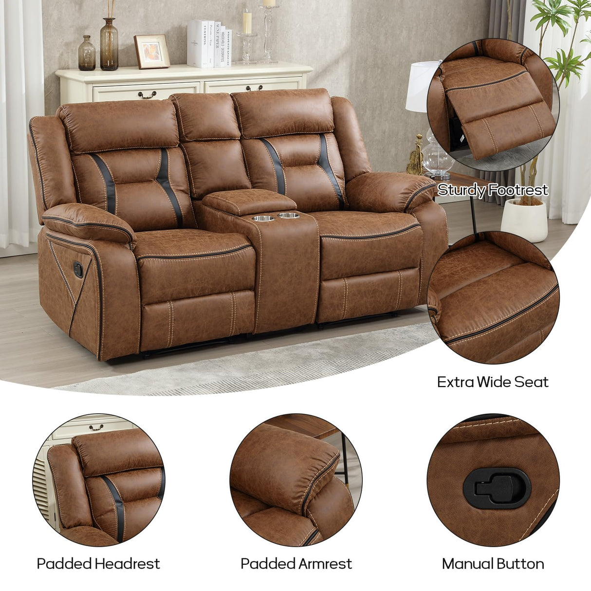 EBELLO Faux Leather Manual Loveseat Recliner, 2 Seat Reclining Sofa Chair with Center Console, Hidden Storage and Cup Holders, Daul Recliner for Living Room, Meeting Room, Brown (Loveseat) EBELLO