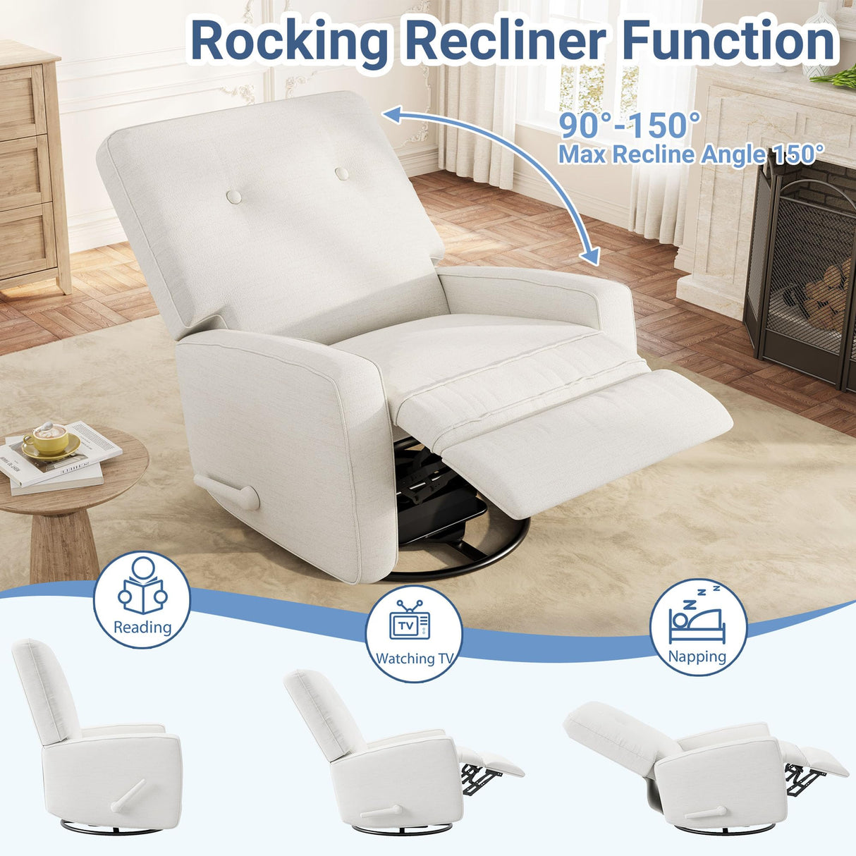 Garvee Nursery Recliner Chair, 360° Swivel Rocking Glider Chair for Adults with Adjustable Backrest & Footrest, Cozy Linen Upholstered Armchair for Living Rooms, Bedrooms, Apartments, Beige Garvee