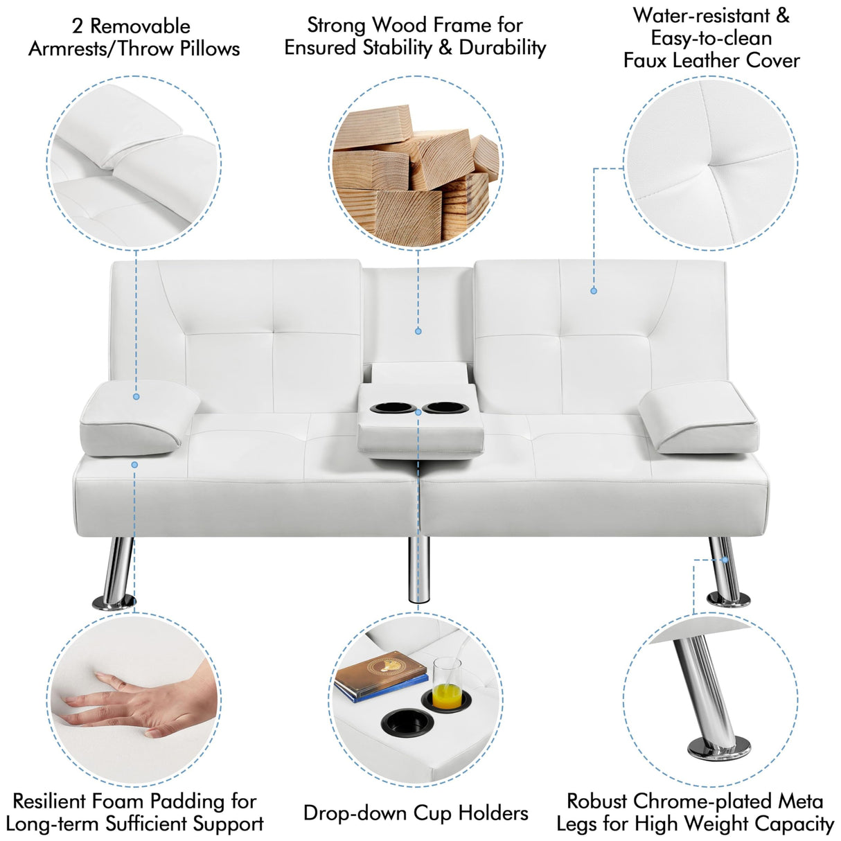 Yaheetech Convertible Sofa Bed Adjustable Couch Sleeper Modern Faux Leather Home Recliner Reversible Loveseat Folding Daybed Guest Bed, Removable Armrests, Cup Holders, 3 Angles, 772lb Capacity, White Yaheetech