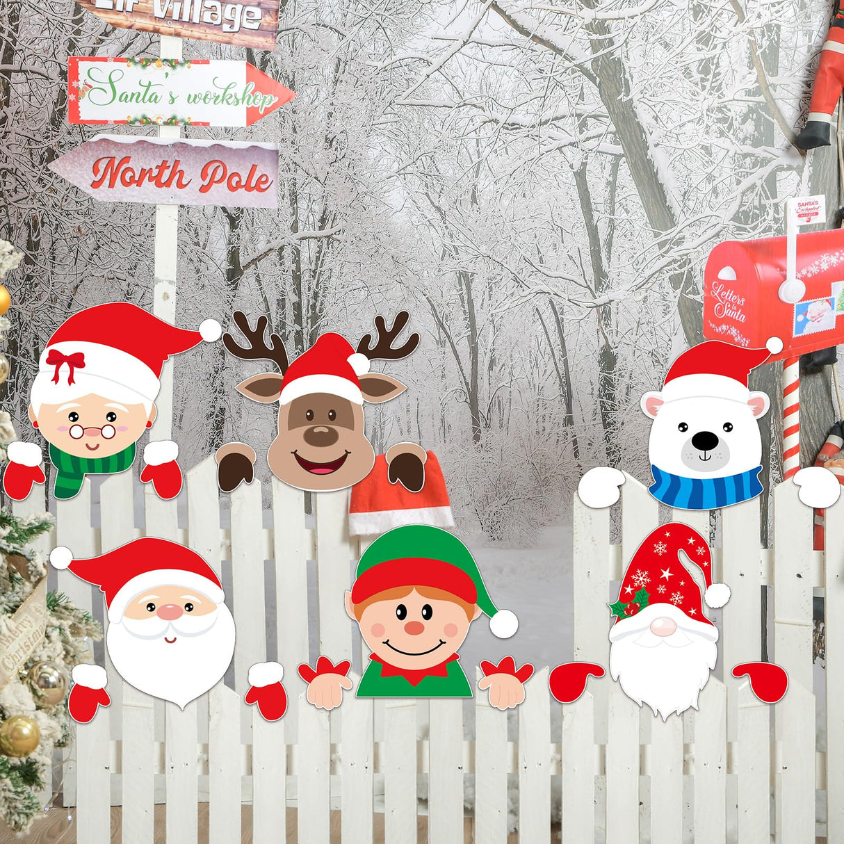 gisgfim 8 Pcs Christmas Fence Peeker Decorations Santa Claus Elk Snowman Elf Yard Peeking Art Sign Cute Christmas Winter Holiday Outdoor Fence Sign Ornament for Xmas DIY Home Garden Yard Decor gisgfim