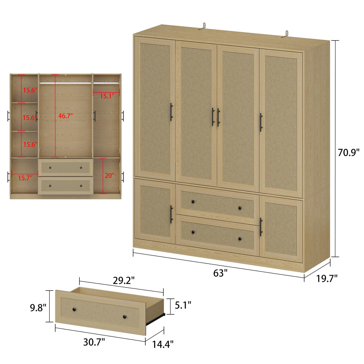 Hitow Ratten Wardrobe Armoire Closet, 6 Door Rattan Closet Wardrobe Cabinet with 2 Drawers & Hanging Rod, Storage Wardrobe Armoire Dresser for Bedroom Organizer (63" W x 19.7" D x 70.9" H) Hitow