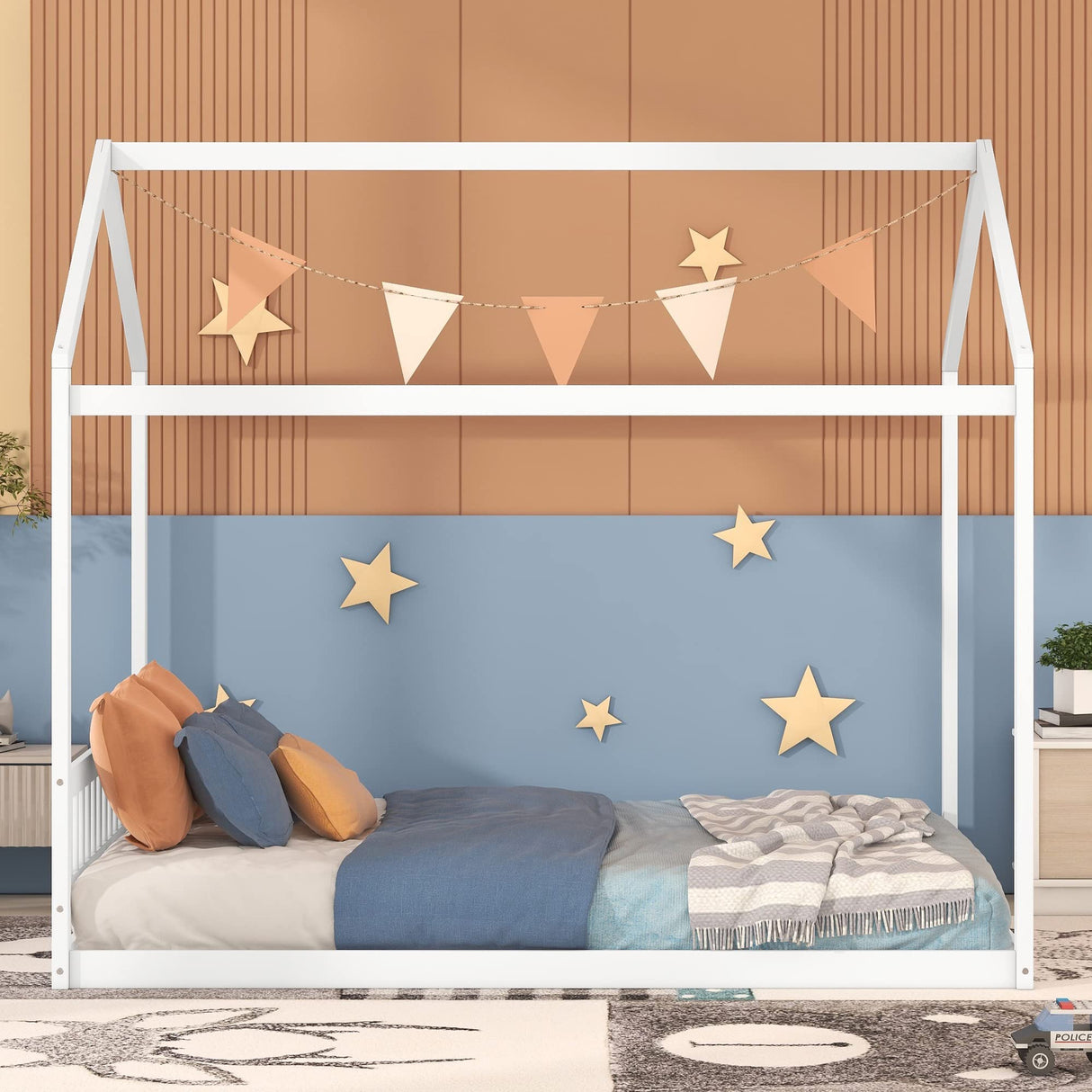 Bellemave White Montessori House Bed Frame for Kids and Teens - Queen Size with Headboard Bellemave