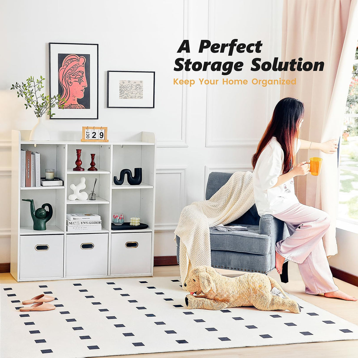 Redlife 7 Cube Bookshelf, White Cube Organizer with 3 Storage Bins, Wooden 3-Tier Bookcase with Adjustable Shelves, Modern Floor Standing Open Shelf Cabinet for Bedroom, Living Room and Office Redlifeᅟᅠ
