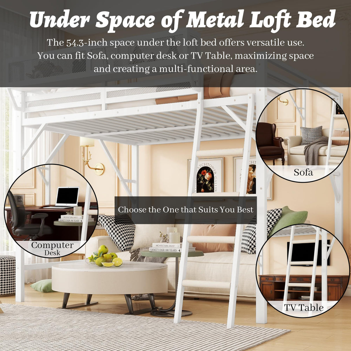 OYUMOENTS Queen Size Loft Bed Frame for Adults, Metal Queen Loft Bed with Storage Shelves & Ladder, Heavy-Duty Beds Frame with Large Under-Bed Space, No Squeaking for Kids Teens Adults, White OYUMOENTS