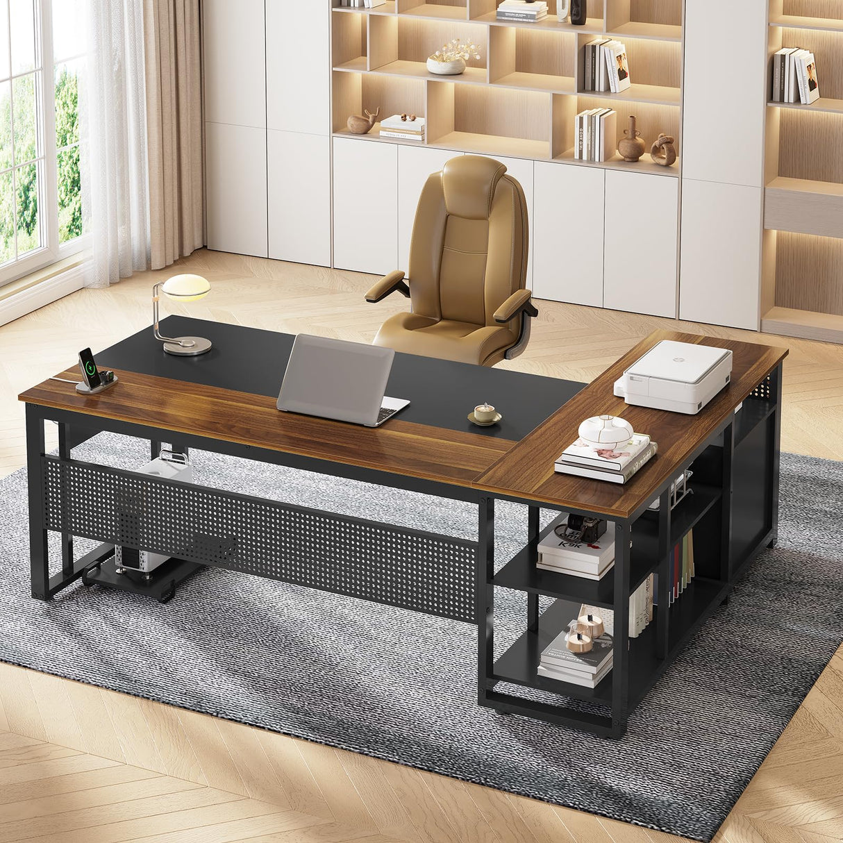 UPOSOJA 71 in Executive Desk with Power Outlets, Reversible L Shaped Computer Desk with File Drawers & Storage Shelves, Large Office Desk with Pegboard, Mobile CPU Stand, Modern Corner Desk (Walnut) UPOSOJA