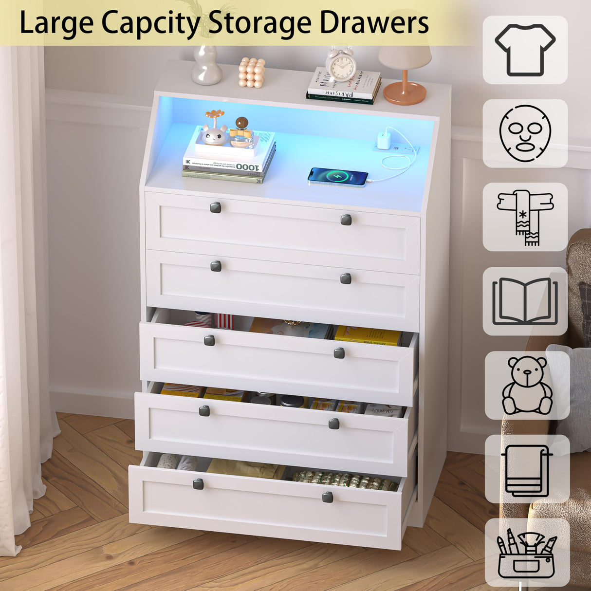 Wodeer White Dresser Tall 5 Drawer Dresser for Bedroom, Wood Chest of Drawers with LED Lights, Charging Station, Metal Handles, Modern Storage Cabinet and Organizer Drawers for Living Room, Hallway