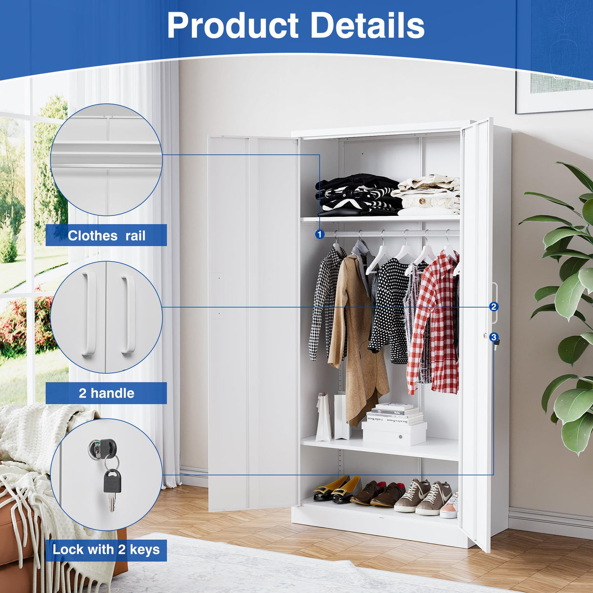 BYNSOE Metal Storage Cabinet 72'' Metal Locker with Locking Metal Storage Locker with Hanging Rod for Office Hospital Require Assembly (White) BYNSOE