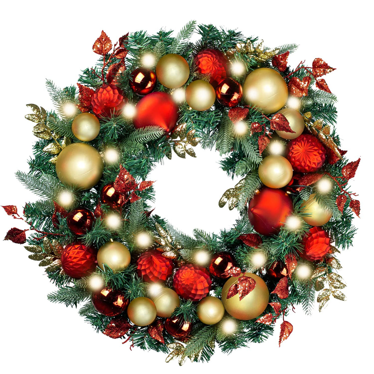 WANNA-CUL Pre-Lit 30 Inch Large Christmas Wreath for Front Door with 50 Led Lights,Luxury Red Gold Lighted Christmas Door Wreath Decor with Ball Ornaments, Battery Operated WANNA-CUL