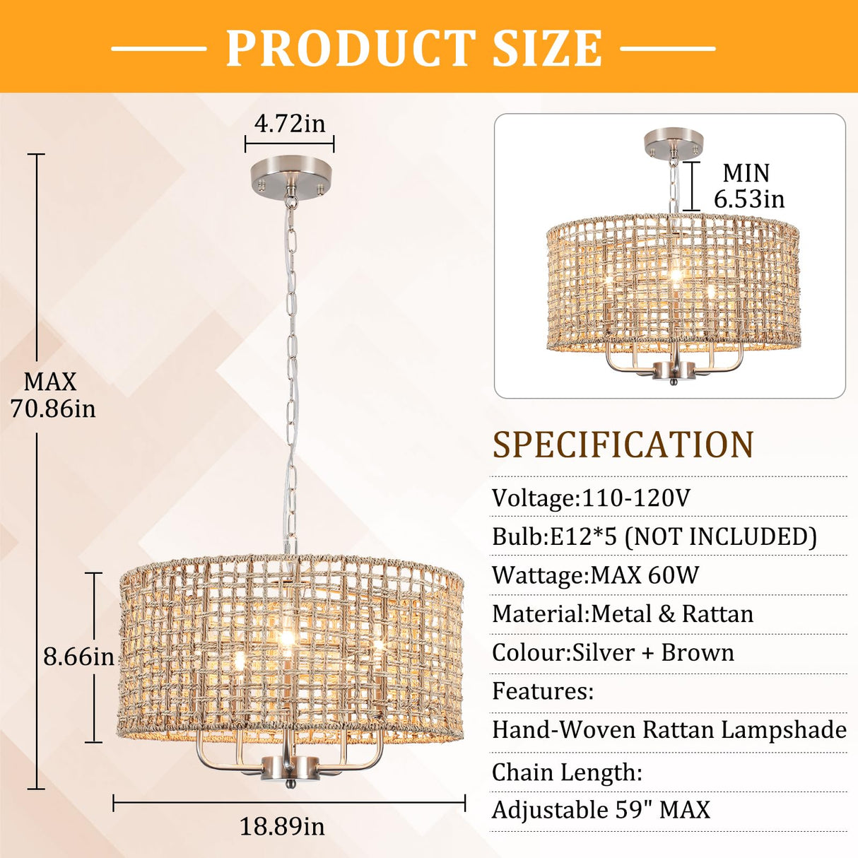 BYKWRTV Rattan Farmhouse Chandelier Light Fixture, 5-Light Boho Chandeliers for Dining Room with Wicker Lampshade, Rattan Pendant Light Drum Chandelier for Living Room Kitchen Island Bedroom BYKWRTV