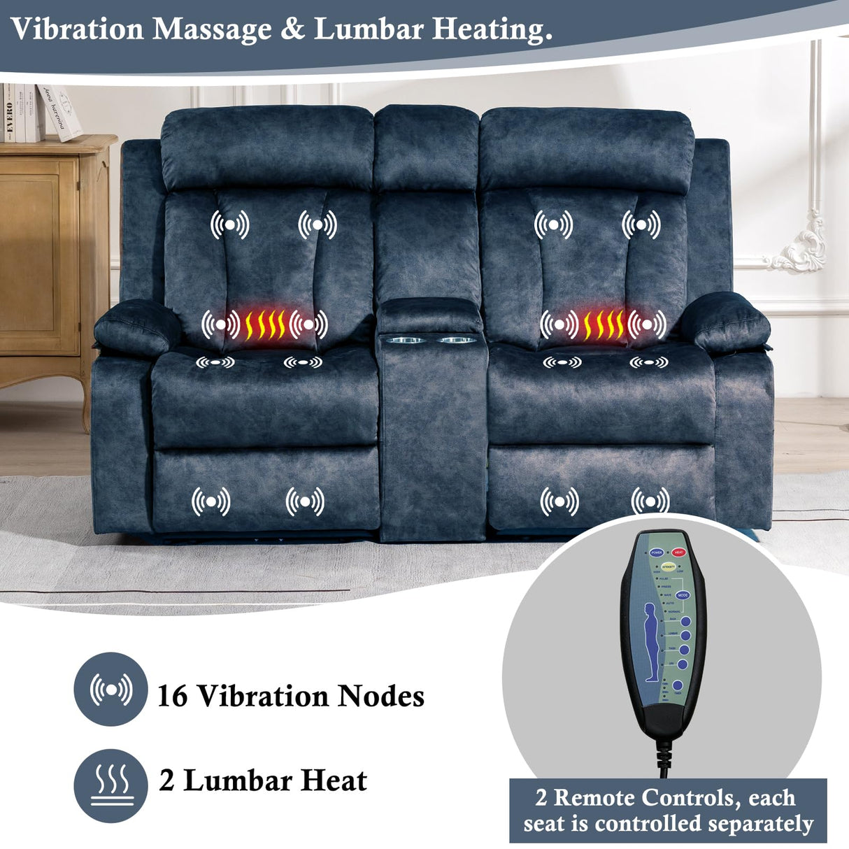 GUEAPY Power Reclining Loveseat with Console, Heat & Massage, 2 Seat Reclining Sofa with Cup Holders, USB & Type-C Ports, Plush Dutch Velvet 2 Seat Reclining Couch for Living Room, RV,Office,Apartment GUEAPY