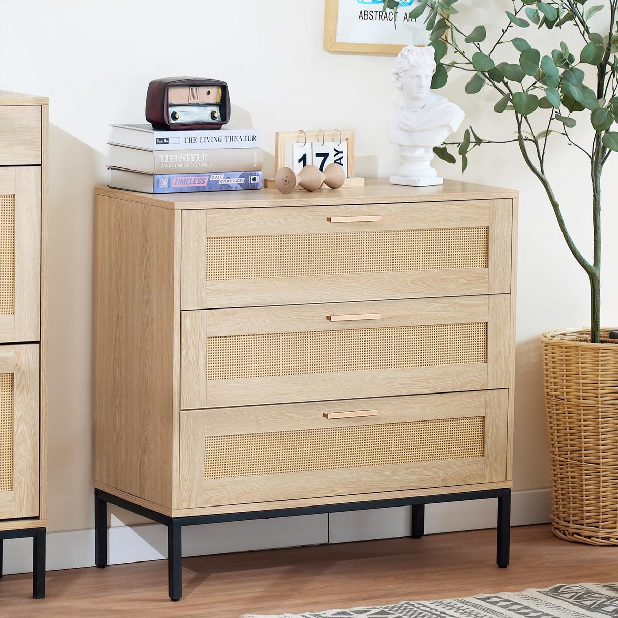 CCF Rattan Dresser 3 Drawer Dresser for Bedroom Mid Century Modern Dresser Natural Rattan Chest of Drawer Light Wood Dresser Boho Dressers for Entryway,Bedroom,Living Room,,Hallway,31.5'*31.5'*15' CCF