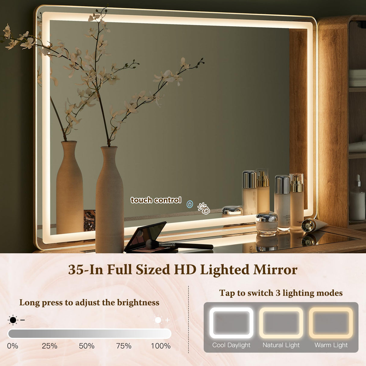 T4TREAM Fluted Makeup Vanity Desk with Large 35" HD Lighted Mirror, 48" Mid Century Modern Glass Top Vanity Table with 5 Drawers & Adjustable Shelf, Dressing Table w/Charging Station for Bedroom T4TREAM