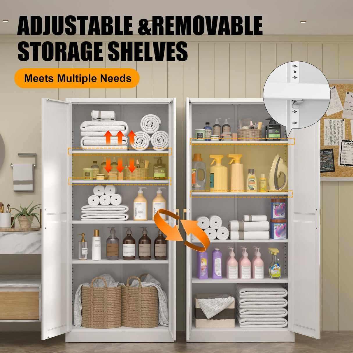 71" Tall Metal Storage Cabinet with Adjustable Shelves, Kitchen Pantry Storage Cabinet with Gold Handles, Heavy Duty Steel Cabinets, White Pantry Cabinet for Dining Room, Kitchen - Assembly Required MetalMax