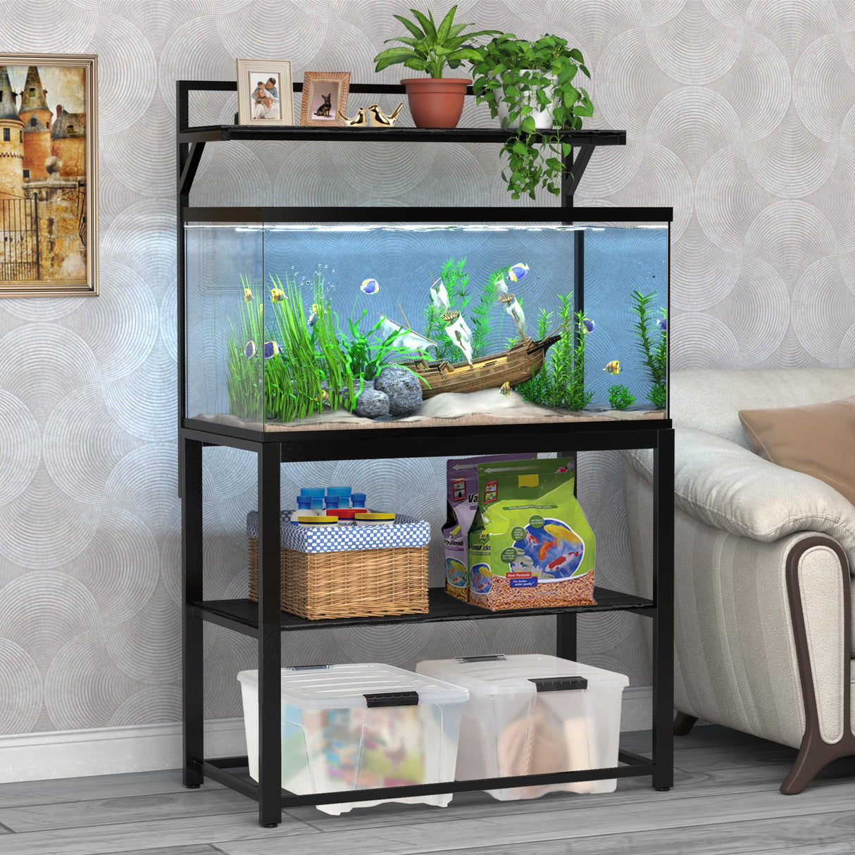 GDLF 40-50 Gallon Fish Tank Stand with Plant Shelf Metal Aquarium Stand with Storage Shelf 36.6" x 18.5" Tabletop Fits Turtle Tank, Reptile Tank or Bearded Dragon Tank GDLF