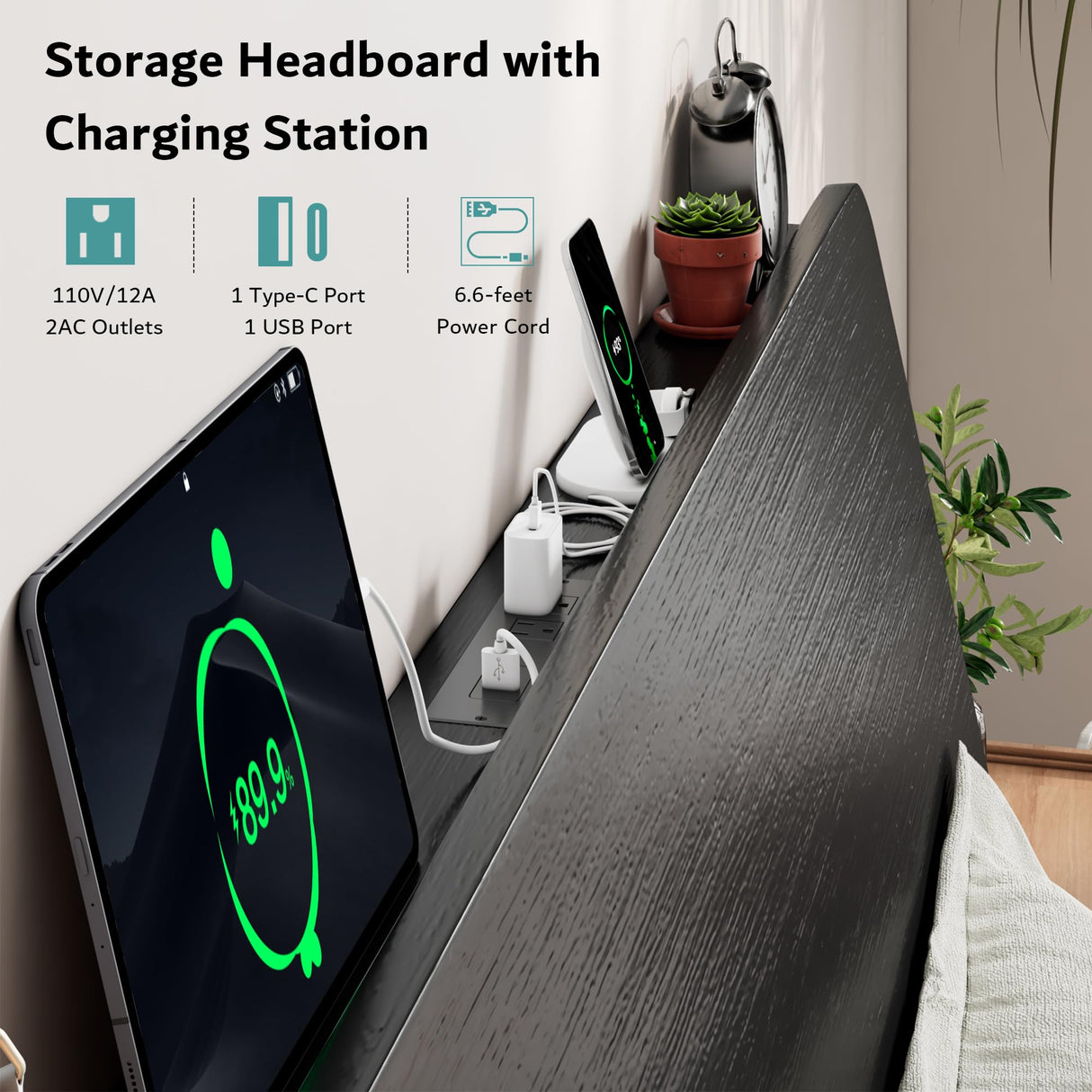 iPormis Full Size Metal Bed Frame with LED Lights & Charging Station, Platform Bed with Ergonomic Storage Headboard, Steel Slats Supports, No Box Spring Needed, Noise-Free, Easy Assembly, Black iPormis